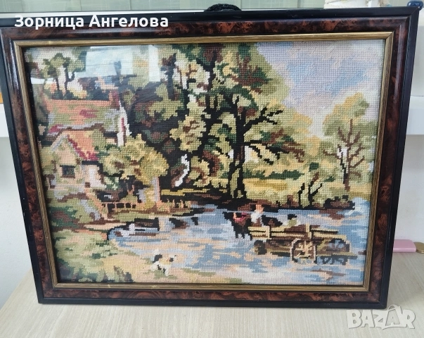 Винтидж ръчно бродиран гоблен от 80 те, изобразяващ известния класически пейзаж „Каруцата за сено“ , снимка 2 - Гоблени - 54597000