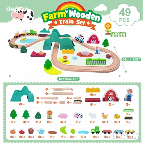 SIMPLIPLAY Комплект дървено влакче за малки деца 3-5 години, Монтесори, 49 части, снимка 6 - Образователни игри - 54650200