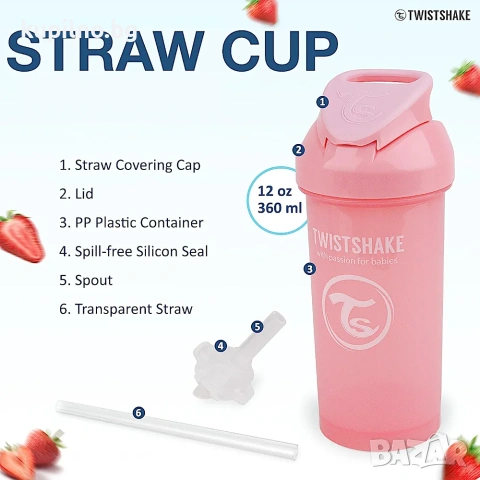 Комплект от 4 розови бебешки чаши Twistshake с капачки и дръжки, снимка 5 - Прибори, съдове, шишета и биберони - 55170277