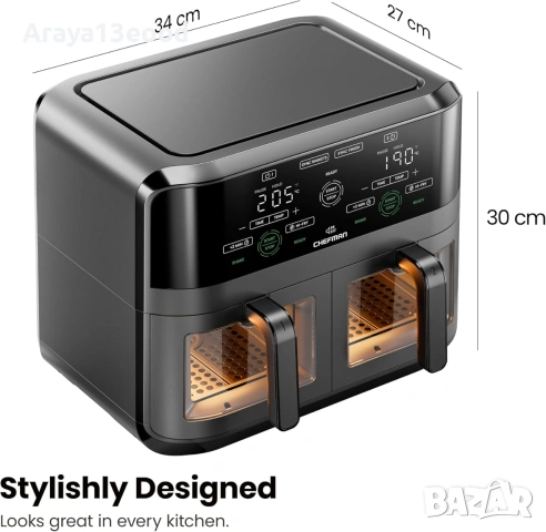 Двоен еър фрайър Chefman 5.6L с 2 кошници, Sync Finish и прозорци за наблюдение, снимка 2 - Фритюрници - 55273823