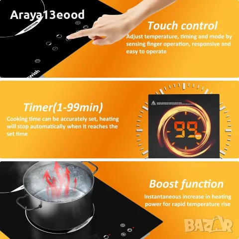 Индукционен плот TOPWISH с 2 зони, 3500W, Boost функция и Touch управление, снимка 4 - Котлони - 55320721