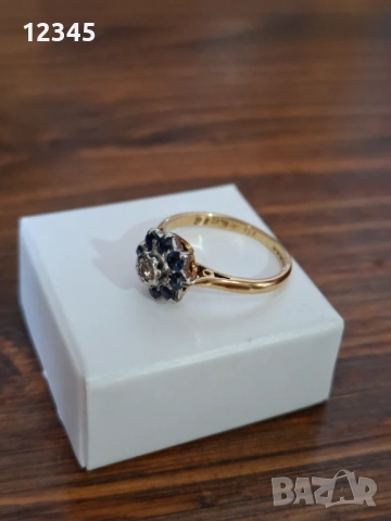 Старинен златен пръстен диамант и сапфири , снимка 2 - Пръстени - 54075788