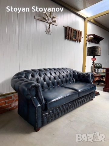 Chesterfield/Честърфилд Луксозен кожен диван –тъмносин, снимка 4 - Дивани и мека мебел - 55281566