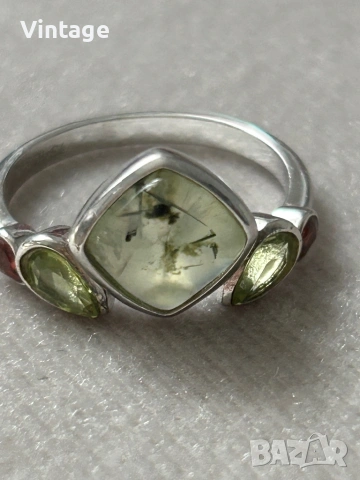 Марков сребърен пръстен с естествени камъни зелен рутилов кварц, перидот и гранат , снимка 8 - Пръстени - 53996195