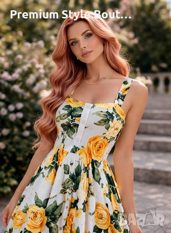 Дамска миди рокля с жълти рози D&G – ретро елегантен флорален модел, снимка 2 - Рокли - 54003815