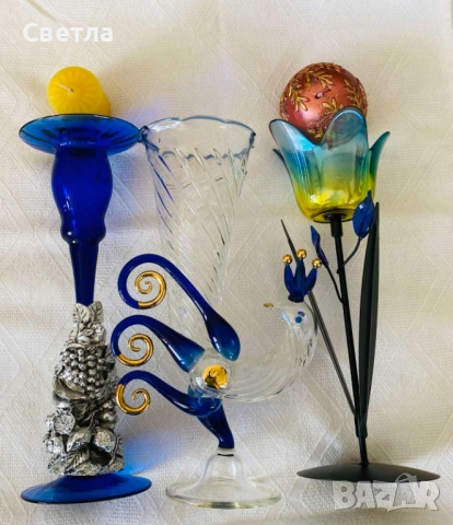 Муранско стъкло 3 броя за обща цена € 140. Винтидж ваза/паун и 2 бр. свещници, закупени от Венеция.