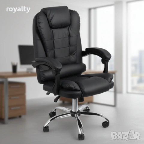 Ергономичен офис стол с лумбална опора от еко кожа в черен цвят – комфорт за дълги часове без болки 