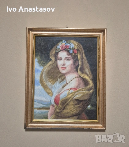Уникален ръчно ушит гоблен „Дамата с воала“ – конци DMC, луксозна рамка