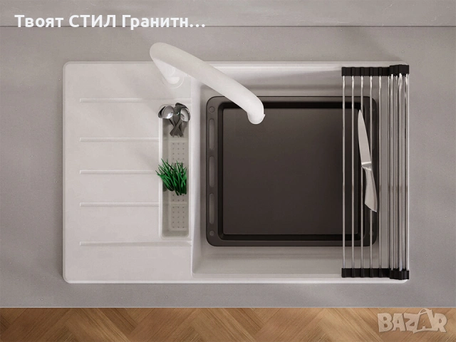 Бяла кухненска мивка от гранит Копенхаген 780x500 SmartSpace Top 60, снимка 6 - Мивки - 54463628