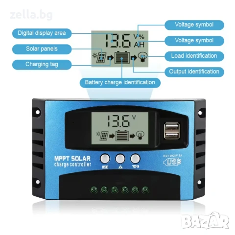 Соларен MPPT контролер 100A 12V/24V – за панели до 50V, LCD дисплей, пълна защита, за off-grid 10292, снимка 11 - Резервни части за телефони - 54663100