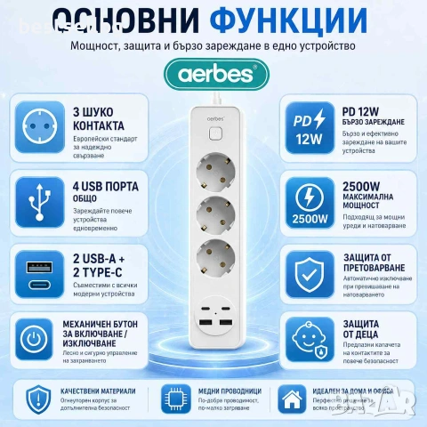 Разклонител Aerbes с 3 контакта 2 USB-A 2 USB-C порта ключ и 2 м кабел PD 12W, снимка 2 - Други стоки за дома - 55154569