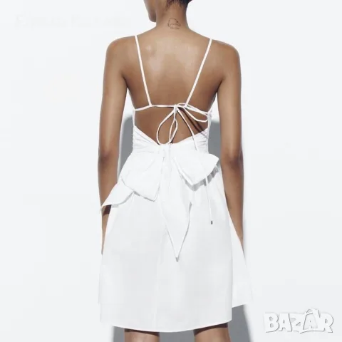 Zara памучна бяла рокля с гол гръб и панделка размер М