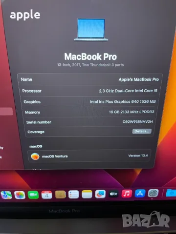 13" Core i5 MacBook Pro A1708 /Mid-2017/-i5/16GB RAM/256GB SSD, снимка 10 - Лаптопи за работа - 55544622