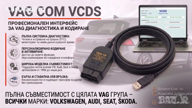 Професионален VAG COM VCDS HEX-V2 – Диагностика и Кодиране за VW, Audi, Seat, Skoda