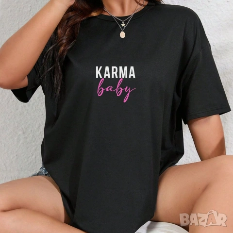 Karma Oversize/ Карма, дамска тениска, памучна фланелка, щампа, черно, бяло, снимка 3 - Тениски - 54113546