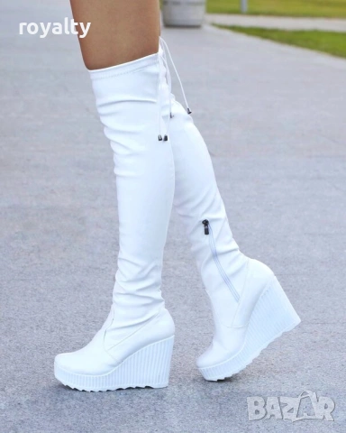 Ботуши на платформа - бяла кожа 