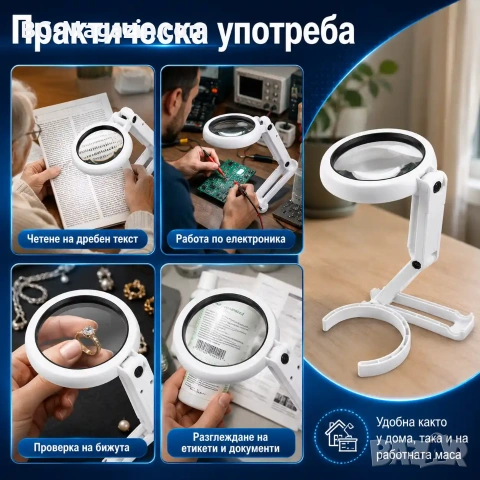Мощна увеличителна ръчна и настолна лупа с LED осветление лампа стъклена за четене деца насекоми, снимка 7 - Други инструменти - 50920091