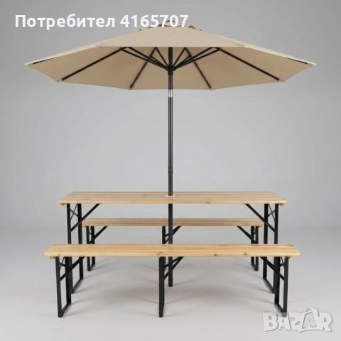 Сгъваем комплект за пикник с дървена маса и 2 пейки – 170 см, с отвор за чадър, за градина, беседка , снимка 4 - Градински мебели, декорация  - 54782661