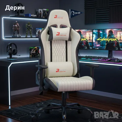 Ергономичен бял геймърски стол с поставка за крака, регулируема височина и 3D подлакътници, снимка 3 - Столове - 55341954