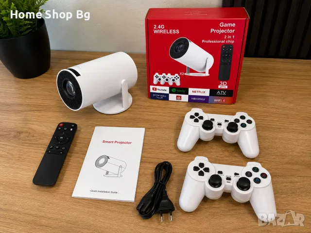 Интелигентен видео проектор 4K с два геймпада, дистанционно управление, Android TV 11 и WiFi 6