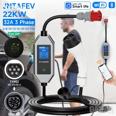 Мобилна трифазна зарядна станция за електромобил Type 2, 22kW (32A) – JNTAFEV 