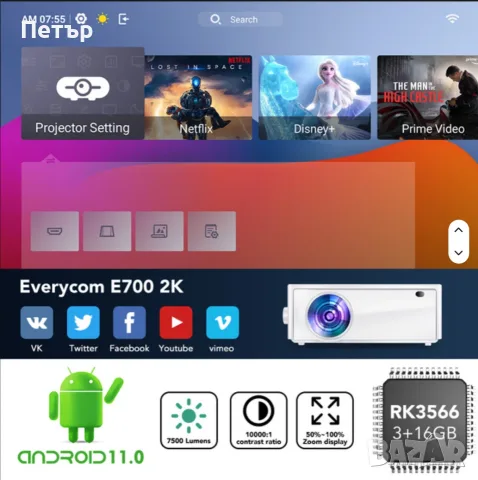 2k native проектор Everycom e700 с два екрана, android, снимка 2 - Плейъри, домашно кино, прожектори - 55578626