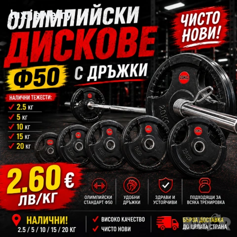 Топ цена Тежести дискове с 3 дръжки олимпйски ф50 2.5,5,10,15,20 кг