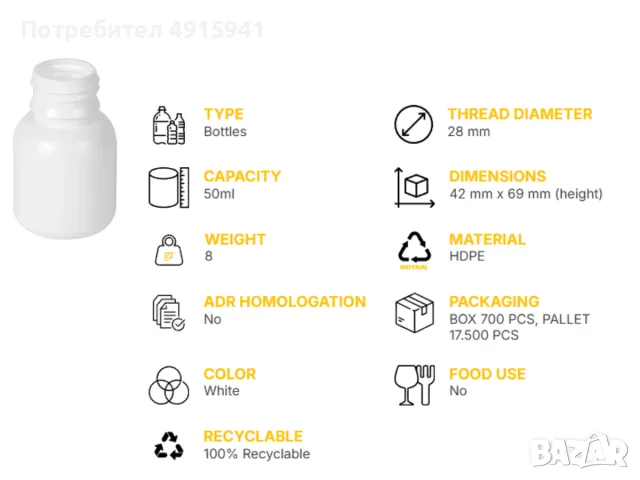 HDPE бутилка 50 мл, бяла, R28, снимка 2 - Буркани, бутилки и капачки - 55638890