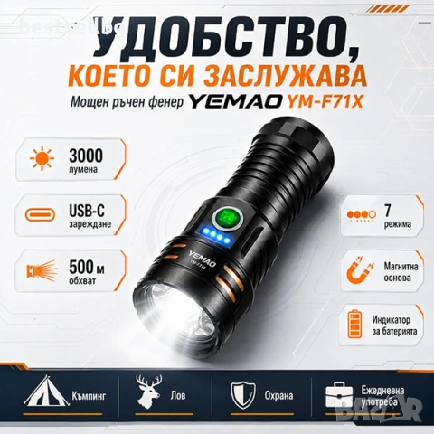 Мощен тактически ръчен фенер | 3000 лумена | 500м обхват | USB-C за къмпинг лов риболов палатка, снимка 5 - Къмпинг осветление - 54109999