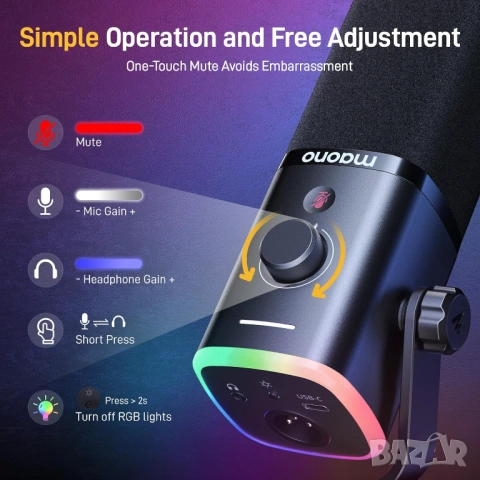 Гейминг микрофон RGB комплект с рамо MAONO PD100XS USB/XLR - Чисто нов, снимка 9 - Микрофони - 54102795