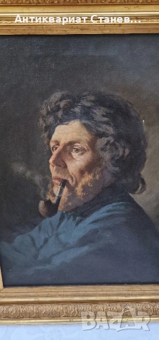Стара маслена картина мъж с лула, снимка 3 - Картини - 54810962