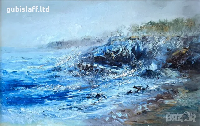 Картина, море, бряг, худ. П. Митков, 2002 г., снимка 2 - Картини - 55685197