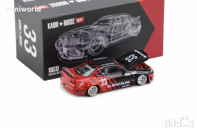 NISSAN SKYLINE GT-R R33 KAIDO WORKS ”ADVAN” - мащаб 1:64 на Mini-GT моделът е нов в кутия, снимка 5 - Колекции - 54929472