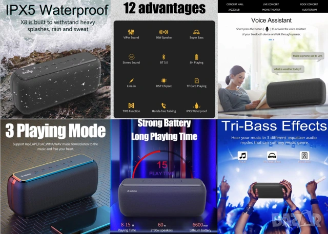 Водоустойчив IPX5 Високоговорител XDOBO X8 60W TriBass Субуфер Гласов Асистент 6600mAh TWS TF/AUX/BT