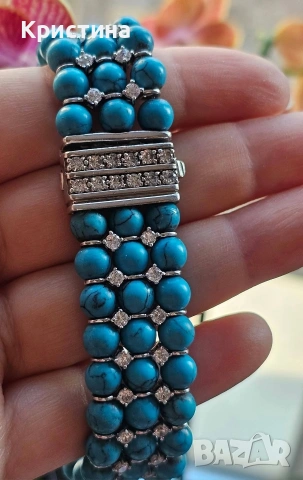 Уникална сребърна гривна с Тюркоази и Рубини, снимка 7 - Гривни - 54058793