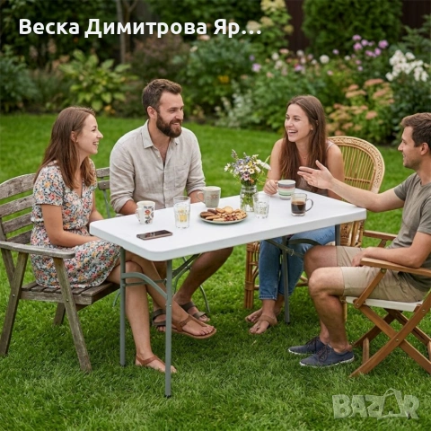 Сгъваема маса 122 см – бял HDPE плот и стоманена рамка за градина, тераса и събития, снимка 3 - Маси - 54633930
