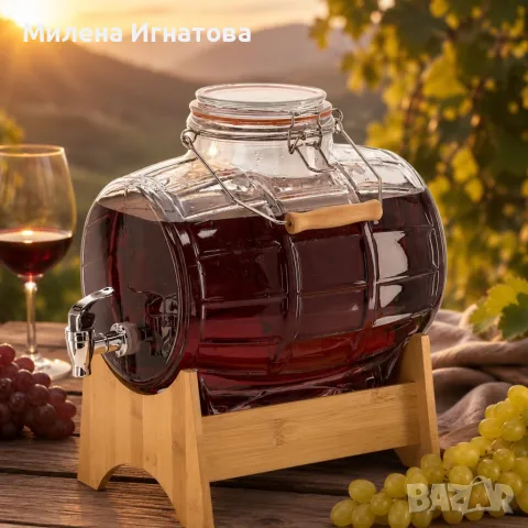 Стъклен диспенсър за напитки 8L, с кран и бамбукова поставка, снимка 4 - Буркани, бутилки и капачки - 55604023