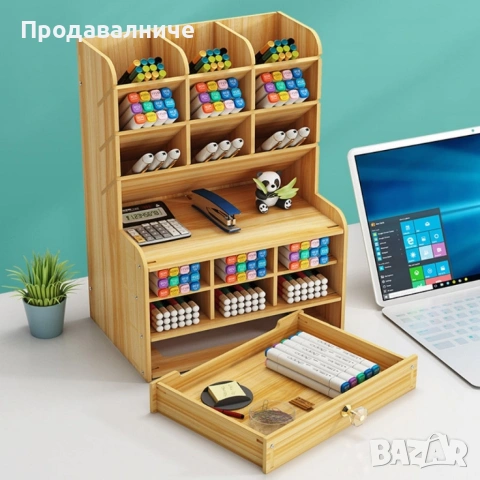 Дървен органайзер за бюро с чекмедже и многосекционно съхранение, снимка 6 - Други стоки за дома - 54273849