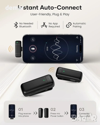 KUKIHO безжичен клип-световод (wireless) микрофон за телефон с 2 микрофона и приемник (TRRS/Type-C/i, снимка 3 - Микрофони - 55000889