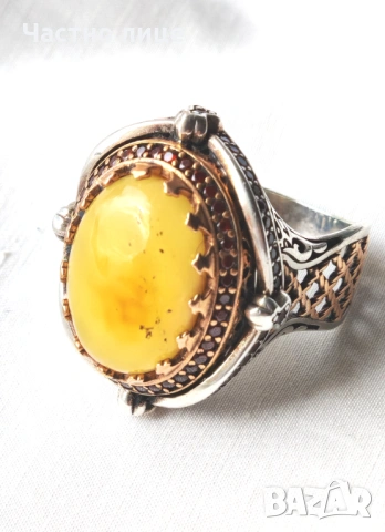 Голям Разкошен Сребърен Мъжки Султан Пръстен с Кехлибар и Карнеоли ARTUKBEY, снимка 6 - Пръстени - 53962701