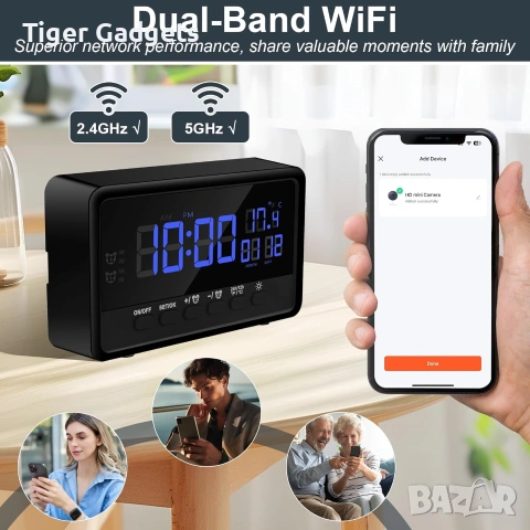 WiFi часовник със скрита камера – Full HD 1080P, Tuya Smart, нощно виждане и TF карта, снимка 3 - Други - 55047054