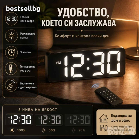 Светещ в тъмното настолен електронен часовник със светещи цифри стена, снимка 4 - Стенни часовници - 43396299
