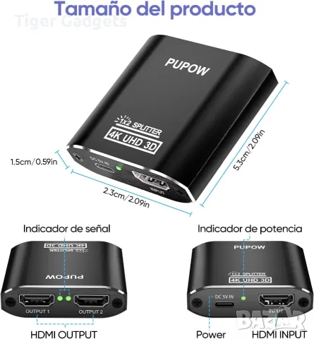 HDMI суич 2 към 1 / Сплитер 1 към 2 Pupow 4K, двупосочен, алуминиев корпус, снимка 6 - Кабели и адаптери - 55588052