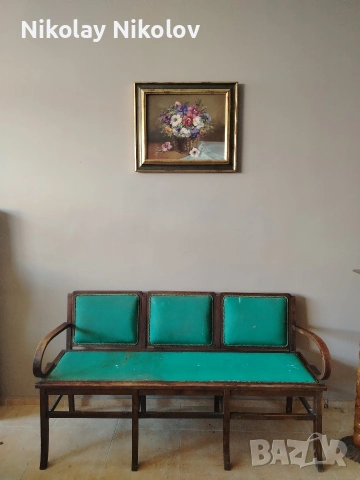 дървено ретро канапе с кожена дамаска, снимка 4 - Антикварни и старинни предмети - 54016672
