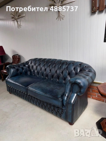 Chesterfield/Честърфилд Луксозен кожен диван –тъмносин, снимка 5 - Дивани и мека мебел - 55281566