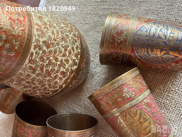 Уникален старинен ориенталски сервиз от месинг (мед 70% и цинк 30%) – кана с 5 чаши, снимка 3 - Други - 54882392