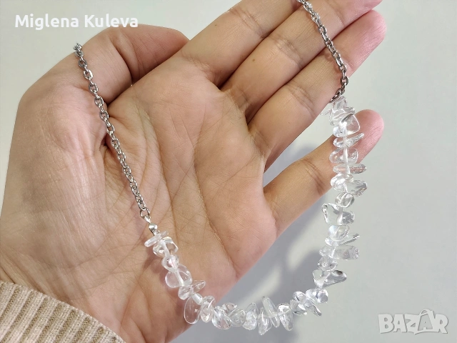 Колие от Неръждаема стомана и Естествен камък Планински кристал 