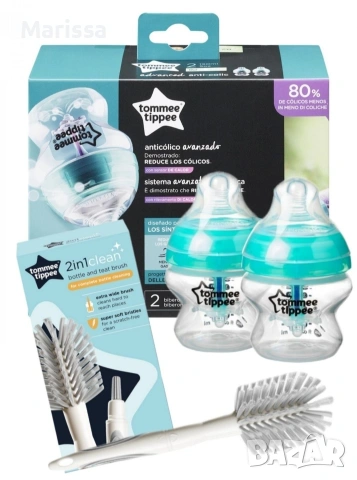 Бебешки шишета Tommee Tippee, 150 мл, 2 бр + четка за почистване