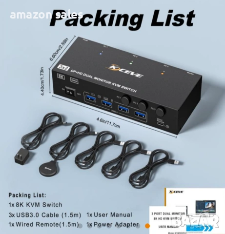 8K 60Hz KVM превключвател за 2 монитора и 3 компютъра Displayport и HDMI 4K 144Hz,KCEVE KVM302DH, снимка 2 - Суичове - 54479114