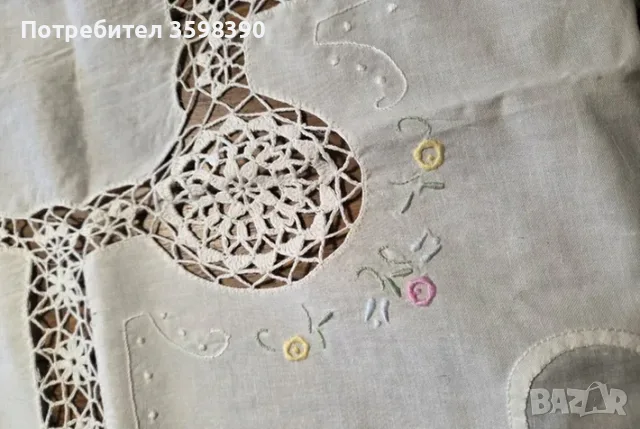 Памучна покривка с ръчна бродерия и плетени елементи 260×170 см., 12 салфетки , снимка 3 - Покривки за маси - 55663761
